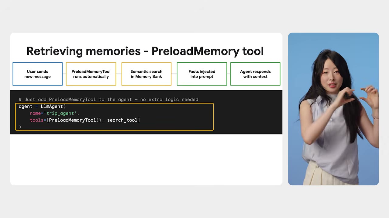 幻灯片：Retrieving memories - PreloadMemory tool，流程图与代码